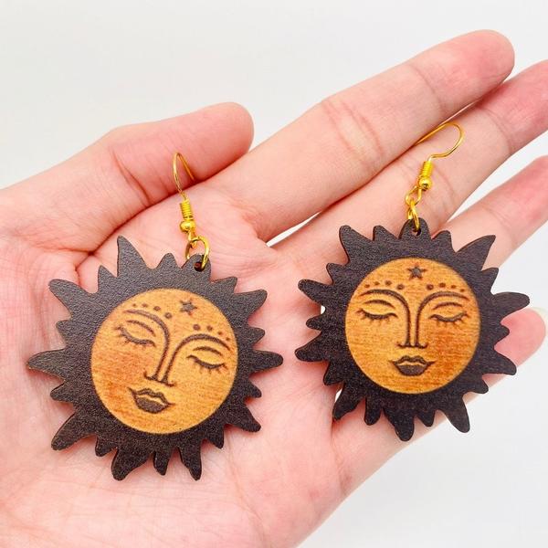 Sun Face Wooden Earrings