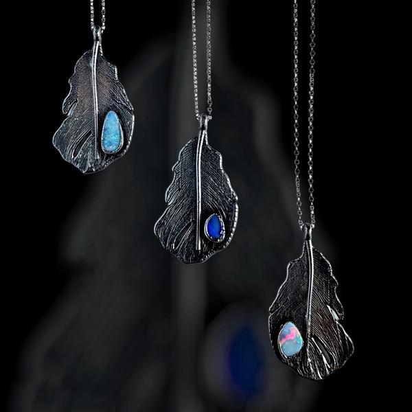 Blackened Crow Feather with Australian Opal Necklace