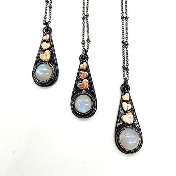 Rainbow Moonstone with Hearts Necklace