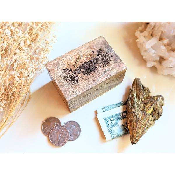 Small Mango Wood Altar Box w/ Moth and Moon Phases